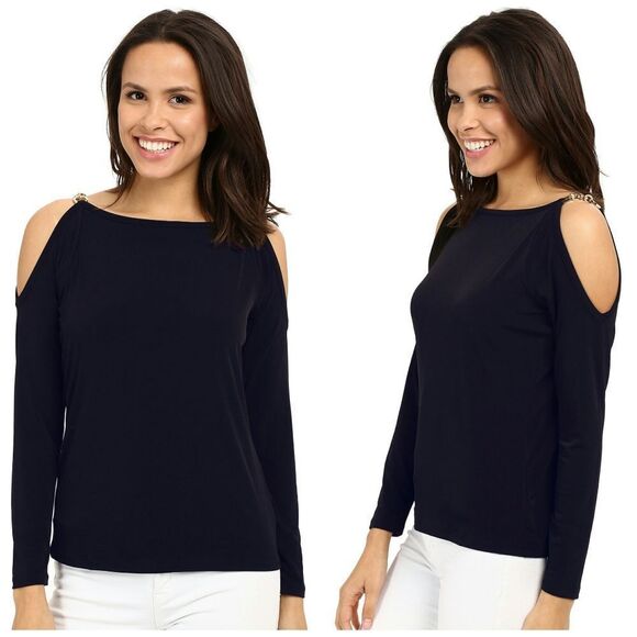 New! MICHAEL KORS Women's Chain Cold Shoulder Top Blouse Navy Blue Size Medium - Picture 1 of 6